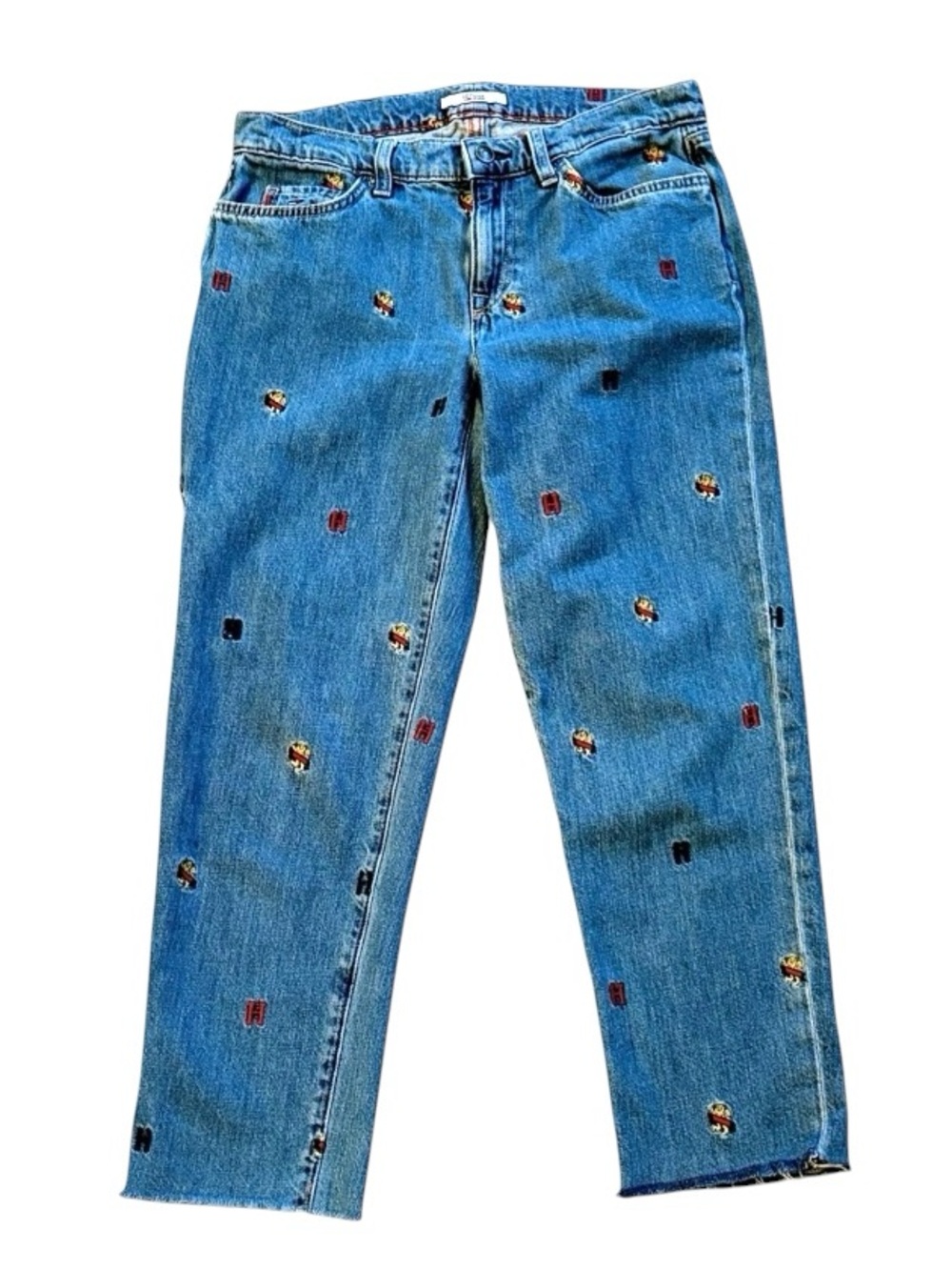 Tommy Hilfiger Allover Embroidered Logo Slim Boyfriend Jeans Size 4 Raw Hem GUC